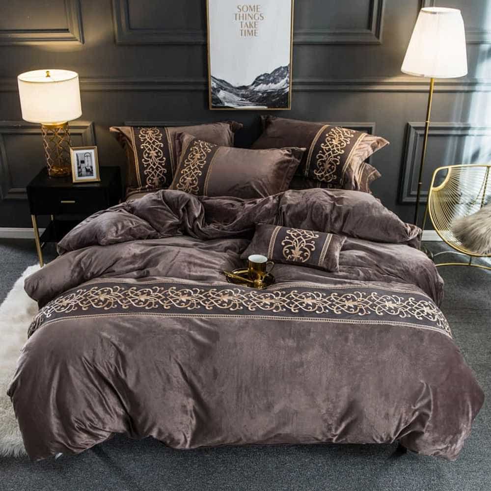 Luxury velvet embroidered duvet set in [color], including duvet cover, bedsheet, pillow shams, and cushion covers for King/Queen beds.