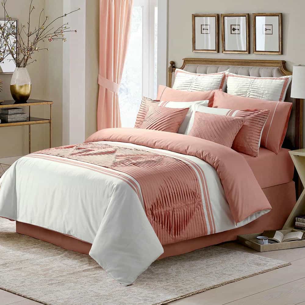 Embellish Pleated Duvet Set - Peach & White