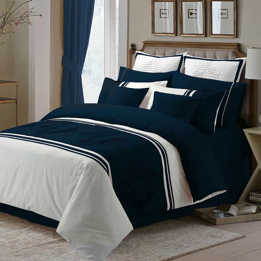Embellish Pleated Duvet Set - White & Navy Blue