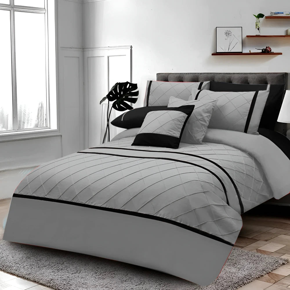 Cross Pleated Duvet Set - Black & Grey