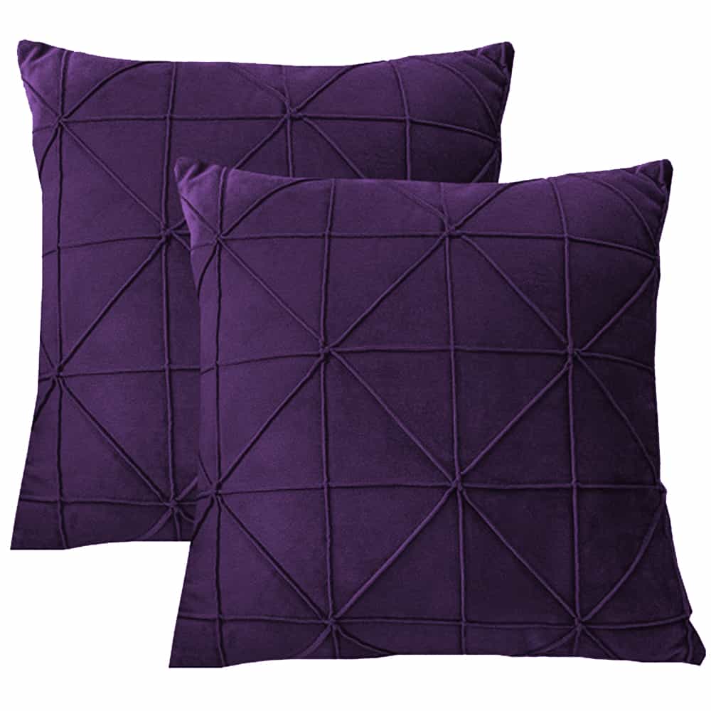 Pack of 2 Velvet Decorative Cross Pleated Square Cushion - Purple