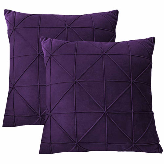 Pack of 2 Velvet Decorative Cross Pleated Square Cushion - Purple