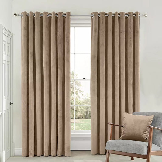 2 Pieces Plain Dyed Velvet Eyelet Curtains - Natural