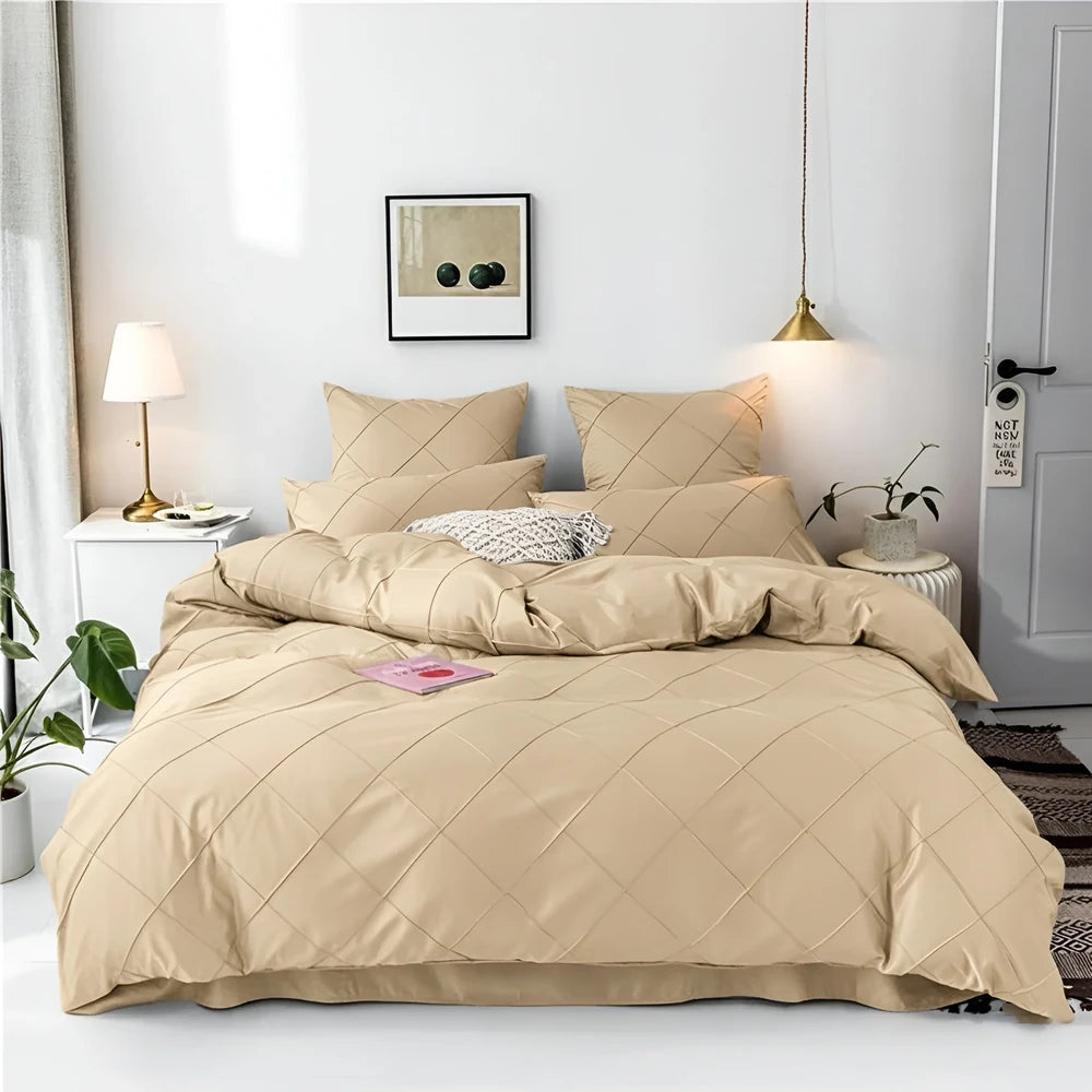 Cross Pleated Duvet Set - Beige