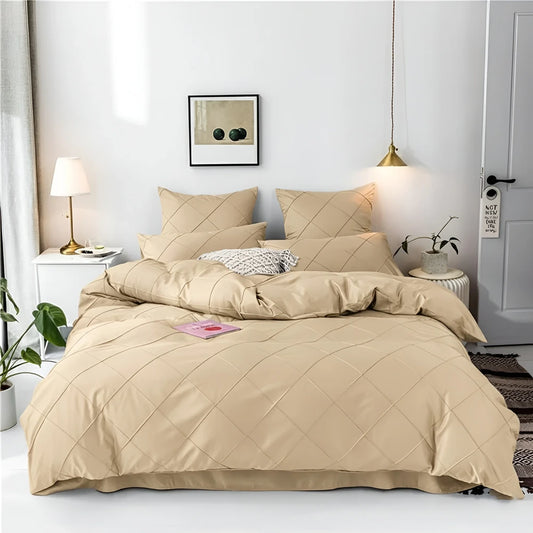 Cross Pleated Duvet Set - Beige
