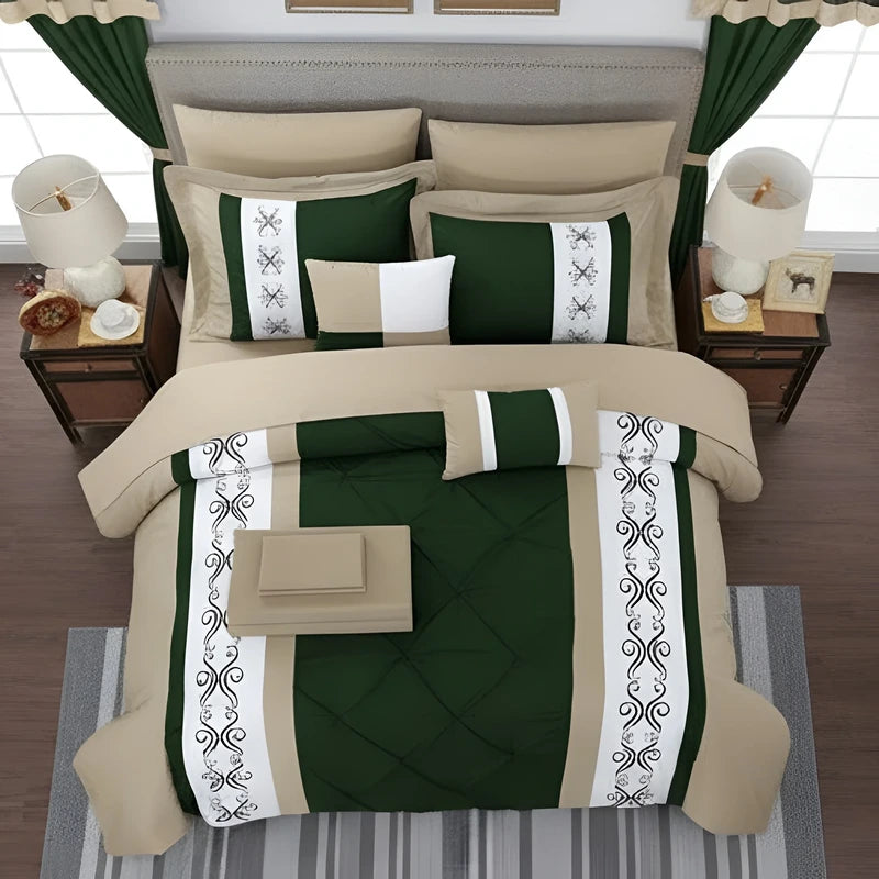 Embroidered Duvet Set - Beige & Green
