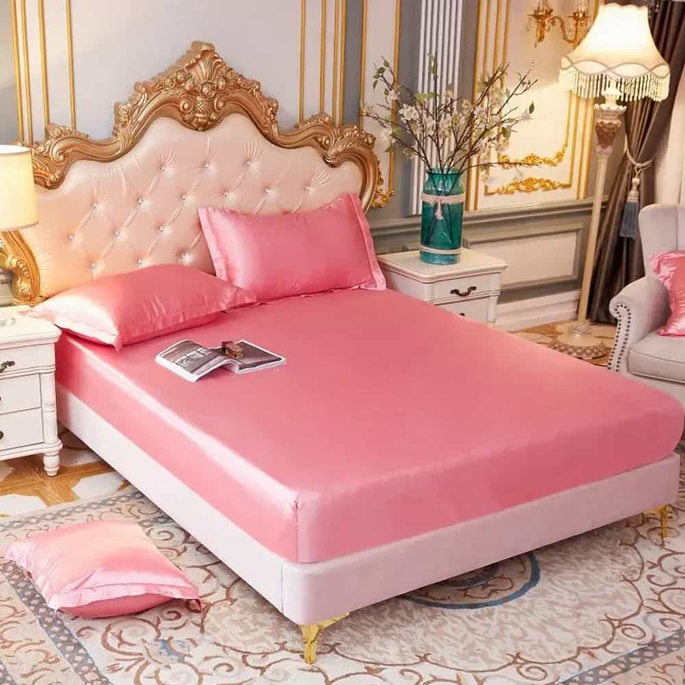 Silk Fitted Sheet with Pillow covers - Light Pink