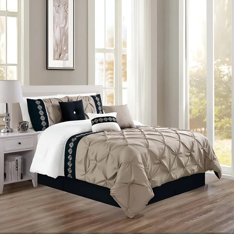 Embroidered Pintuck Duvet Set - Beige