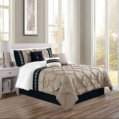 Embroidered Pintuck Duvet Set - Beige