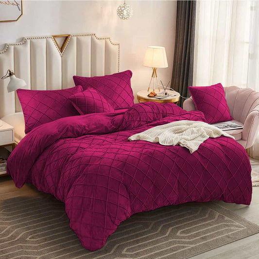Velvet Cross Pleated Duvet Set - Pink
