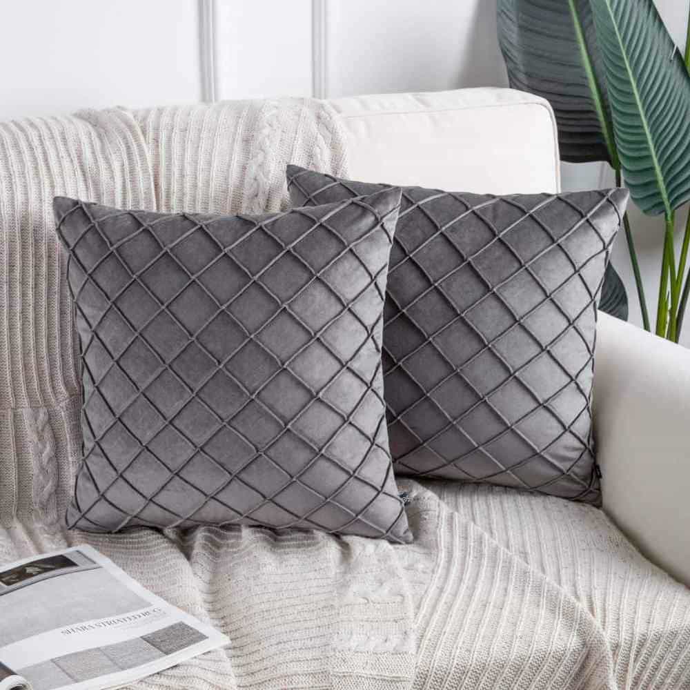 Pack of 2 Velvet Decorative Pleated Square Cushion - Grey