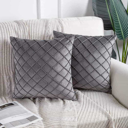 Pack of 2 Velvet Decorative Pleated Square Cushion - Grey