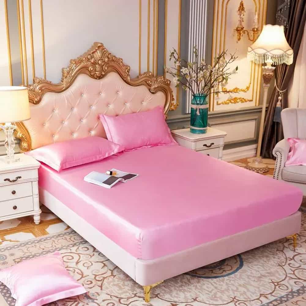 Silk Fitted Sheet with Pillow covers - Pink