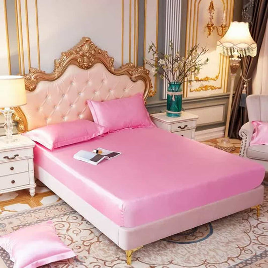 Silk Fitted Sheet with Pillow covers - Pink
