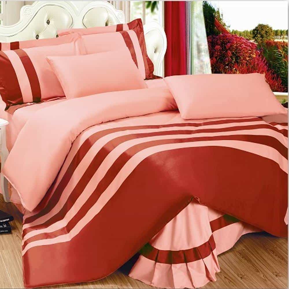 Premium Stripe Duvet Set – Rose Pink & Maroon
