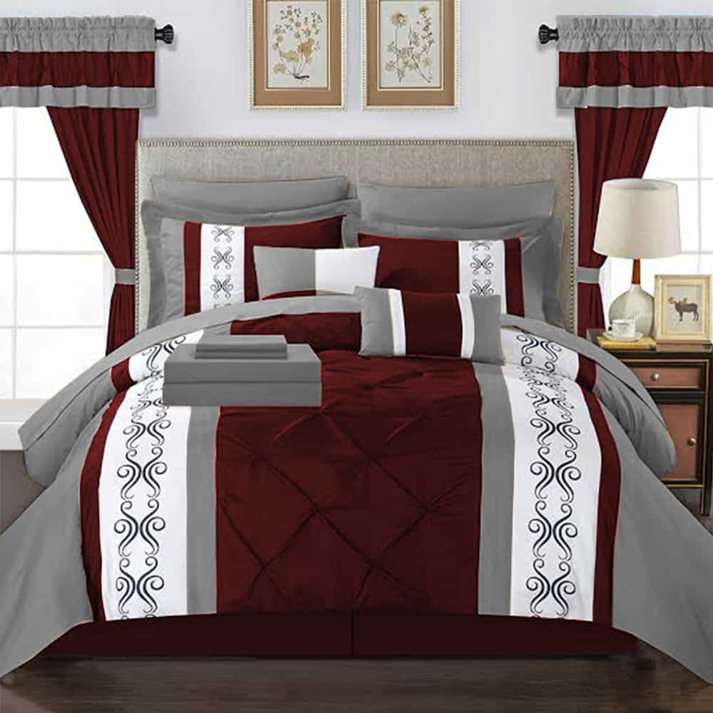 Embroidered Duvet Set - Grey & Maroon
