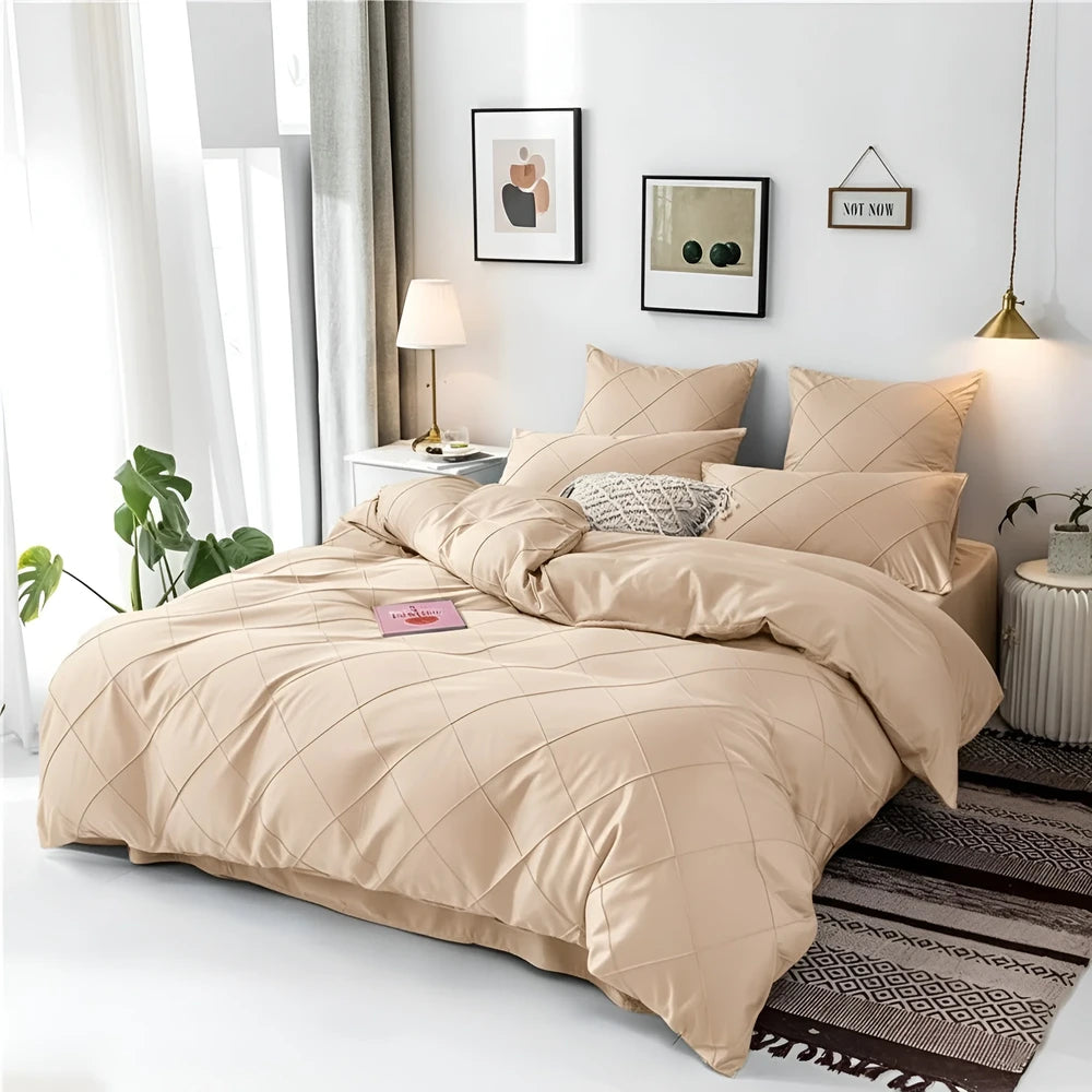 Cross Pleated Duvet Set - Beige