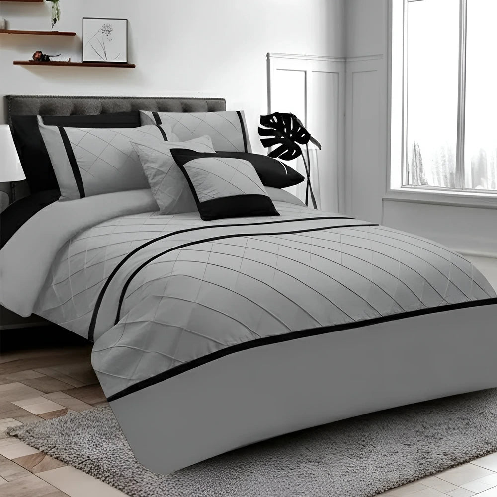Cross Pleated Duvet Set - Black & Grey