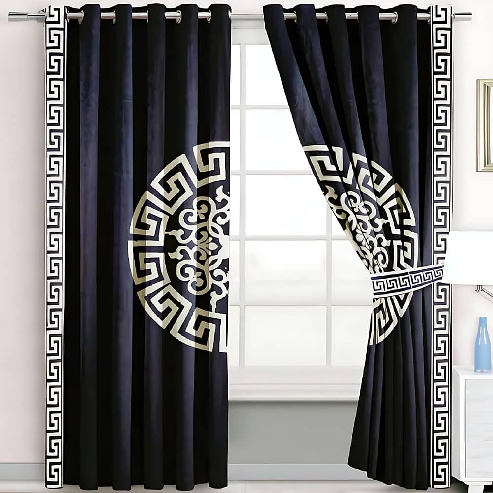 2 Pieces Premium splendid velvet curtain Panels & 2 Belts (Black & White)