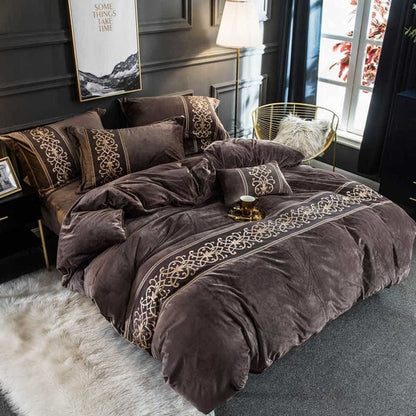 Velvet Embroidered Duvet Set - Brown