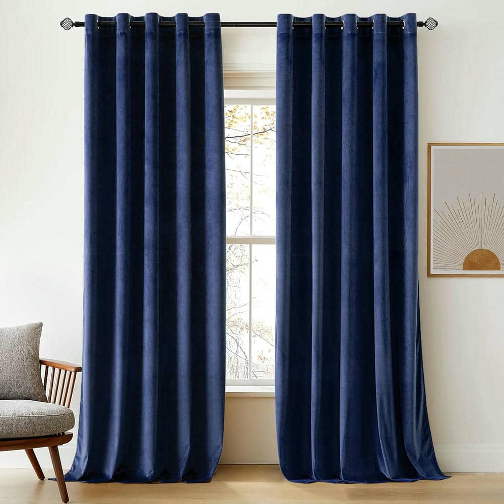 2 Pieces Plain Dyed Velvet Eyelet Curtains - Navy Blue