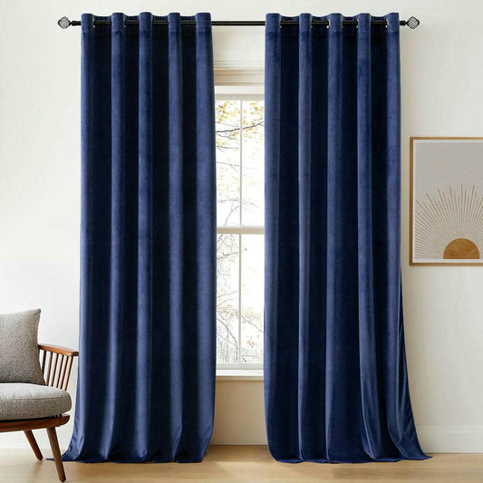 2 Pieces Plain Dyed Velvet Eyelet Curtains - Navy Blue