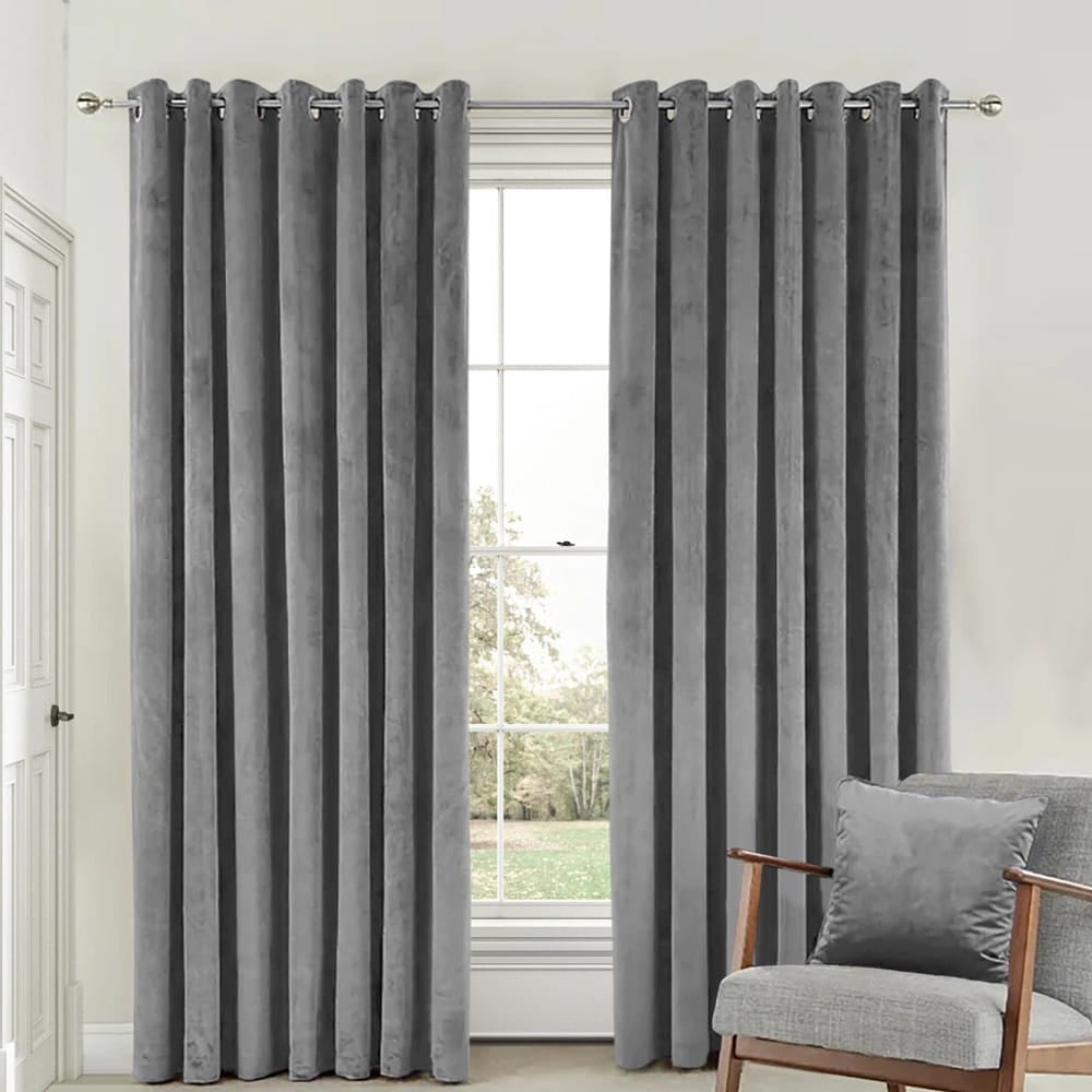 2 Pieces Plain Dyed Velvet Eyelet Curtains - Grey