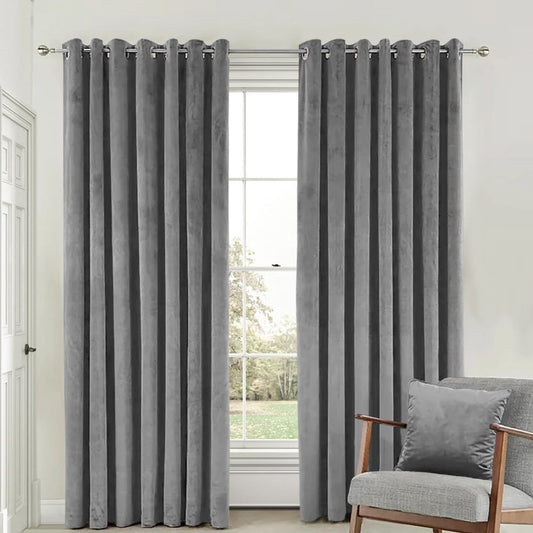 2 Pieces Plain Dyed Velvet Eyelet Curtains - Grey