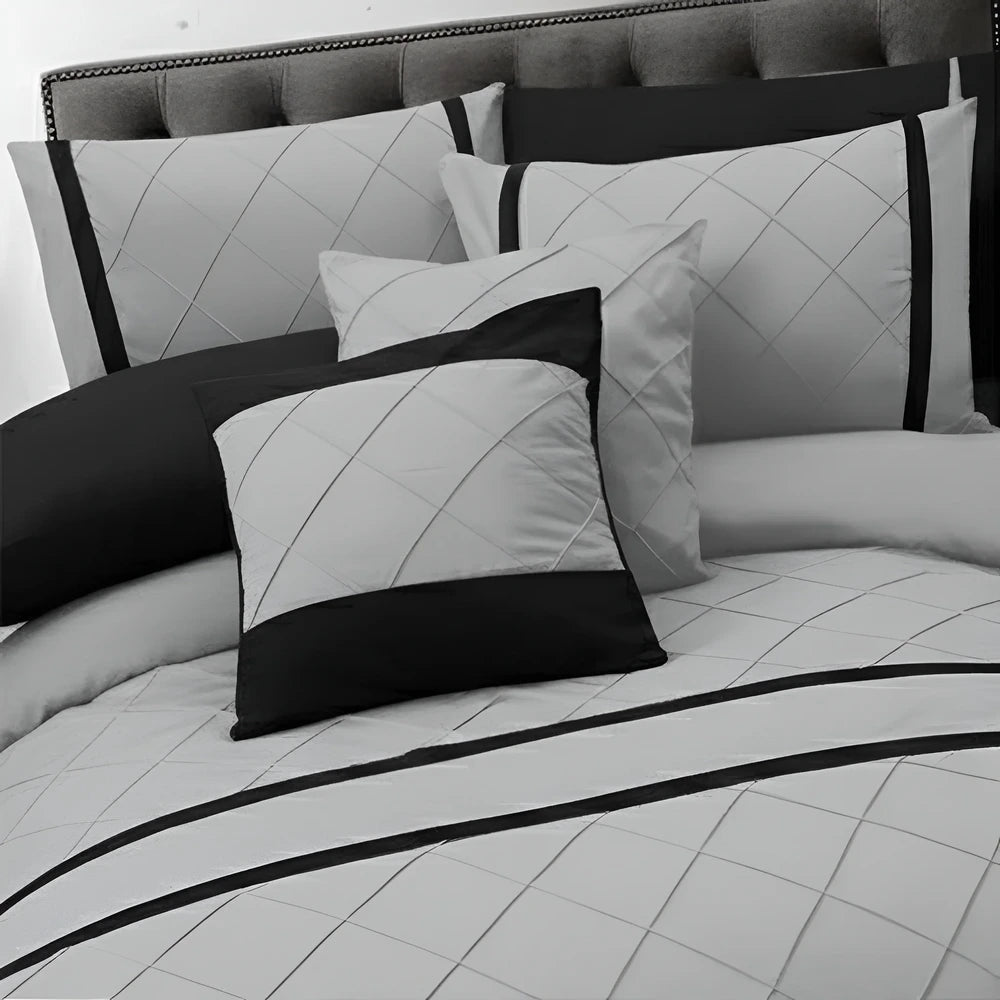 Cross Pleated Duvet Set - Black & Grey