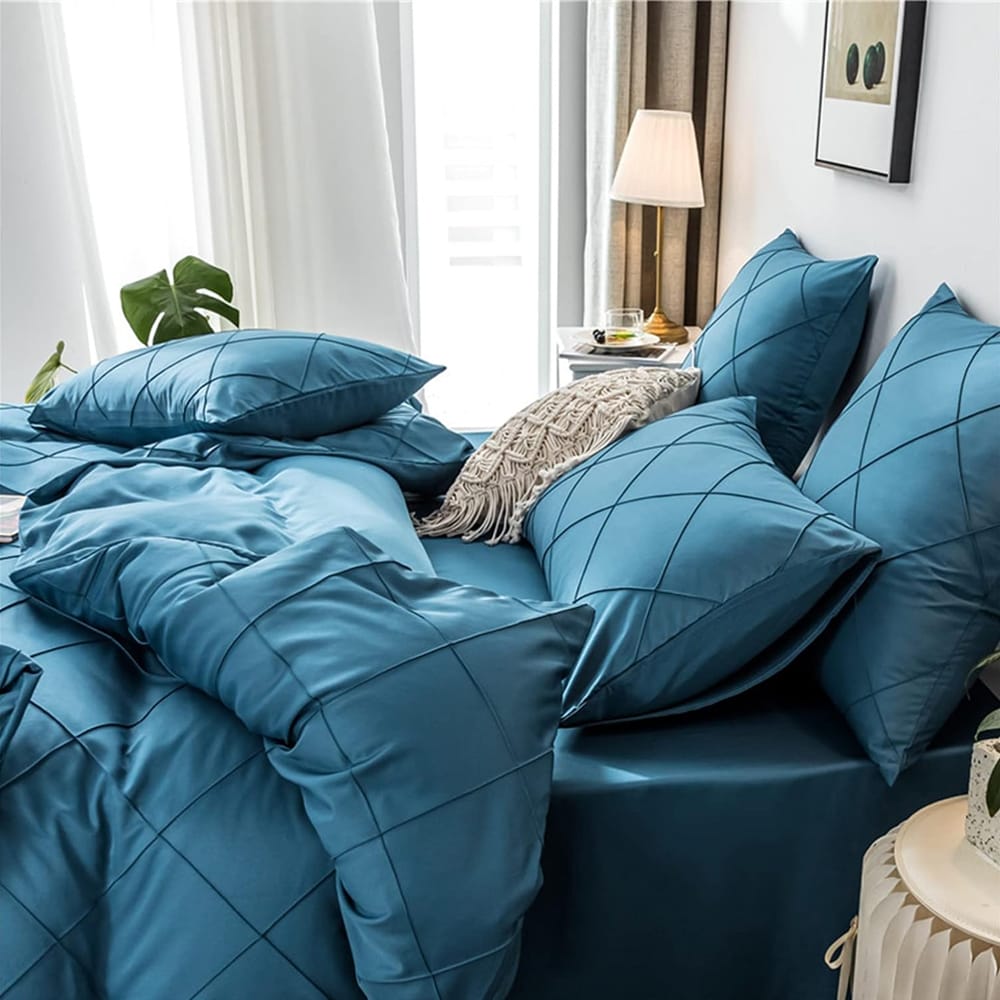 Cross Pleated Duvet Set - Royal Blue
