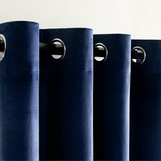 2 Pieces Plain Dyed Velvet Eyelet Curtains - Navy Blue