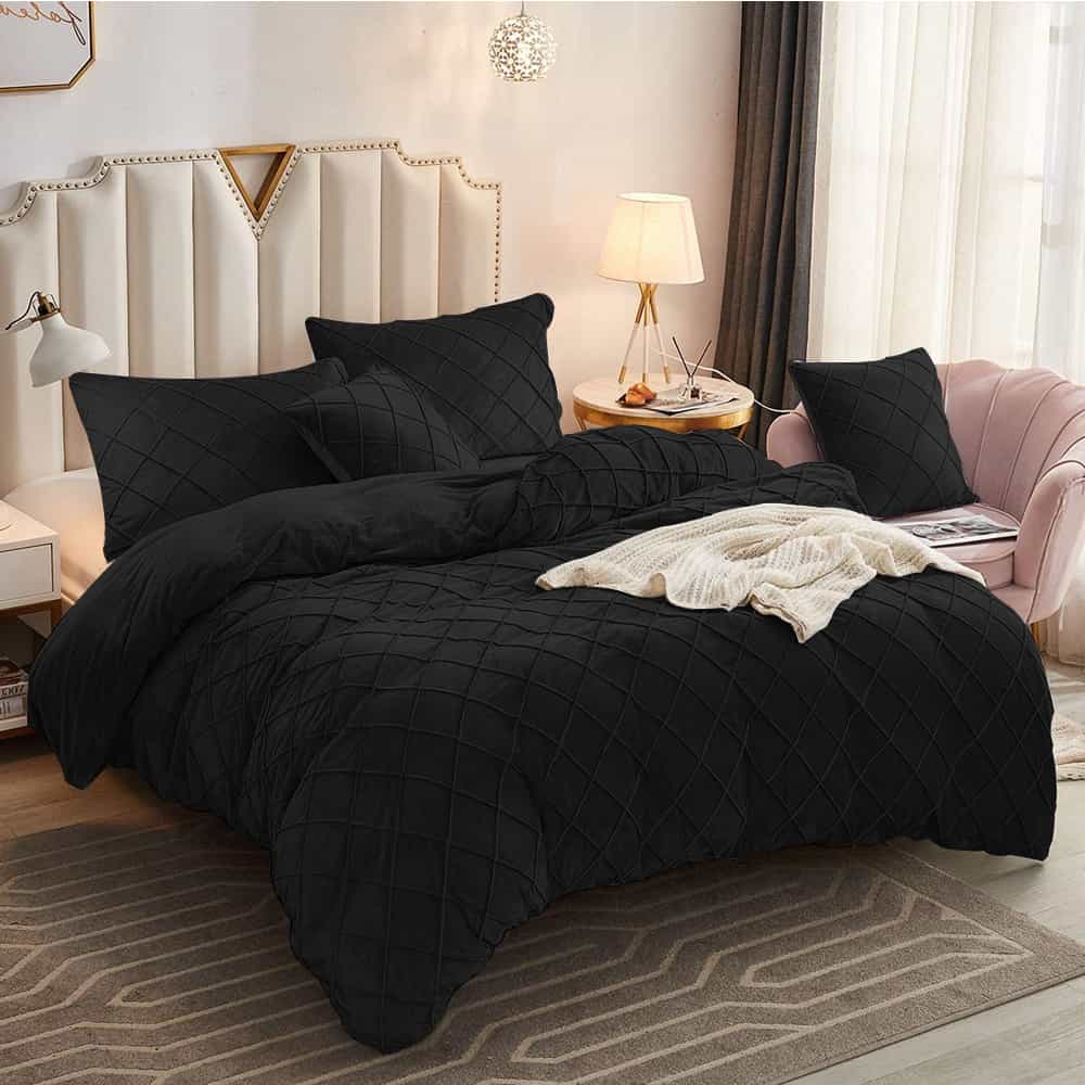 Velvet Cross Pleated Duvet Set - Black