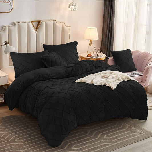 Velvet Cross Pleated Duvet Set - Black