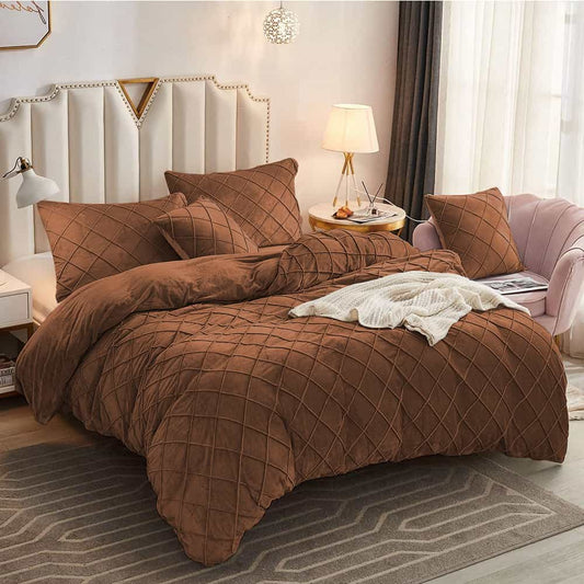Velvet Cross Pleated Duvet Set - Brown