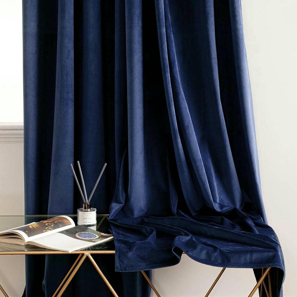 2 Pieces Plain Dyed Velvet Eyelet Curtains - Navy Blue