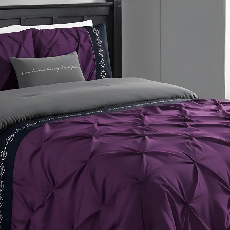 Embroidered Pintuck Duvet Set -Purple