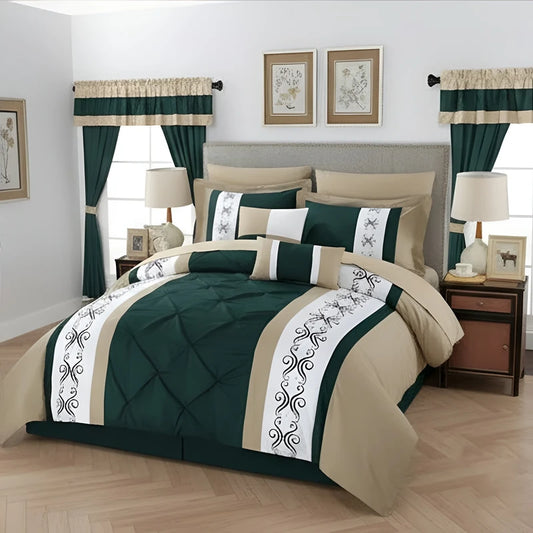 Embroidered Duvet Set - Beige & Teal