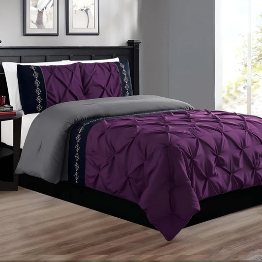 Embroidered Pintuck Duvet Set -Purple