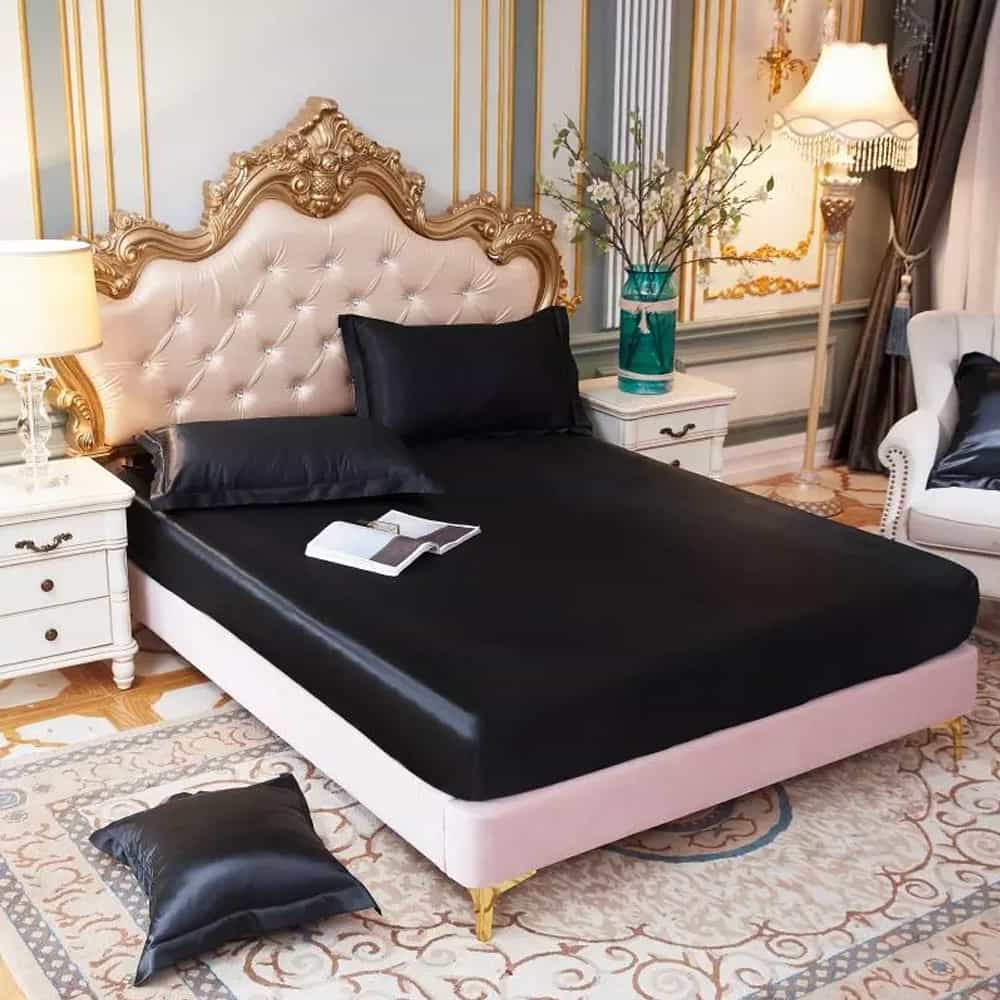 Silk Fitted Sheet with Pillow covers - Black