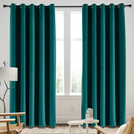 2 Pieces Plain Dyed Velvet Eyelet Curtains - Teal