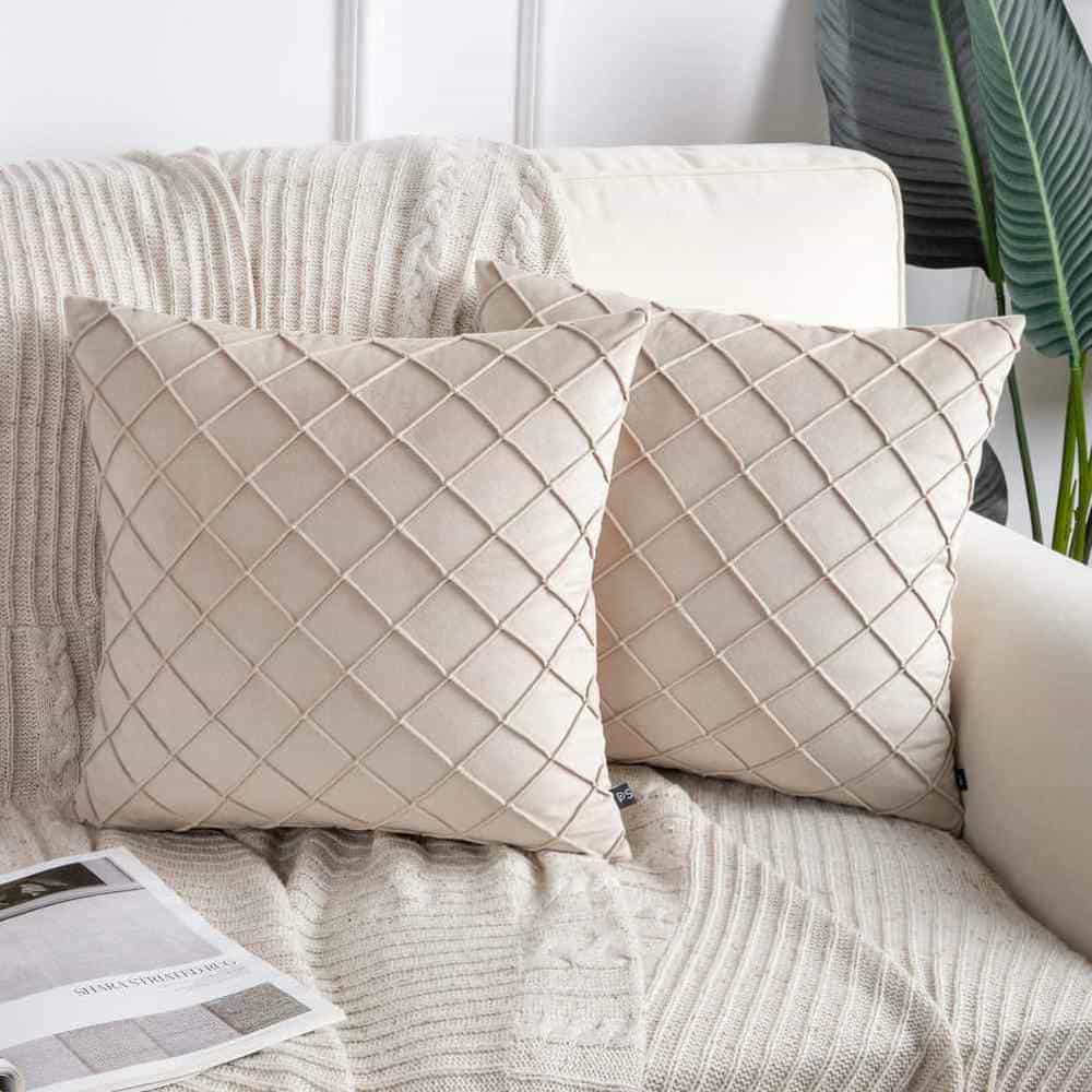 Pack of 2 Velvet Decorative Pleated Square Cushion - Cream