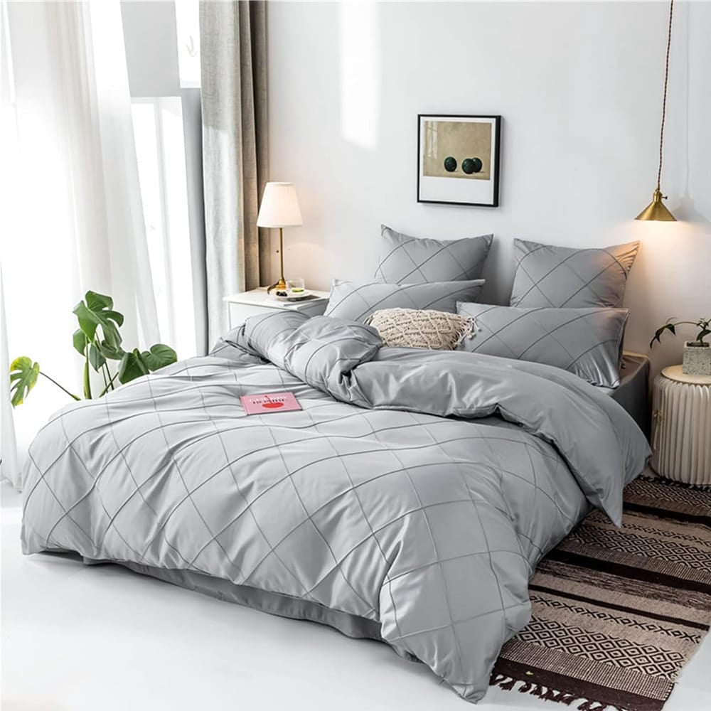 Cross Pleated Duvet Set - Silver Grey
