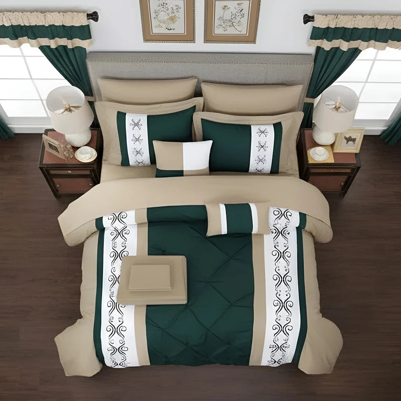 Embroidered Duvet Set - Beige & Teal