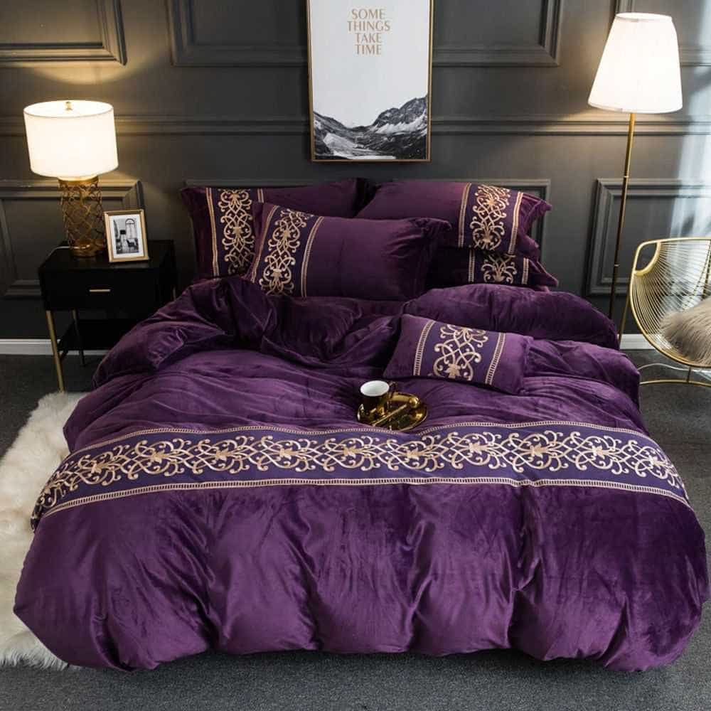 Velvet Embroidered Duvet Set - Purple