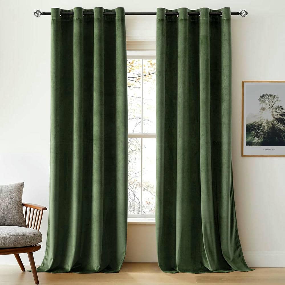 2 Pieces Plain Dyed Velvet Eyelet Curtains - Olive Green
