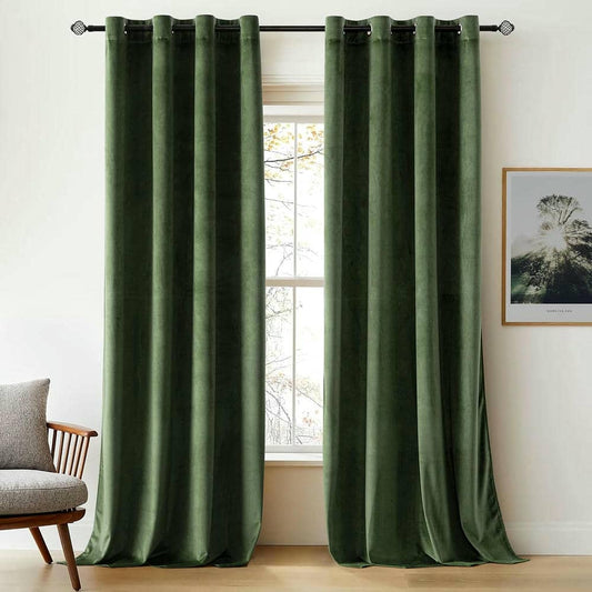 2 Pieces Plain Dyed Velvet Eyelet Curtains - Olive Green