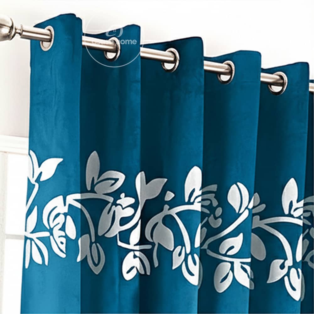 2 Pieces Luxury Floral Velvet Curtains Teal