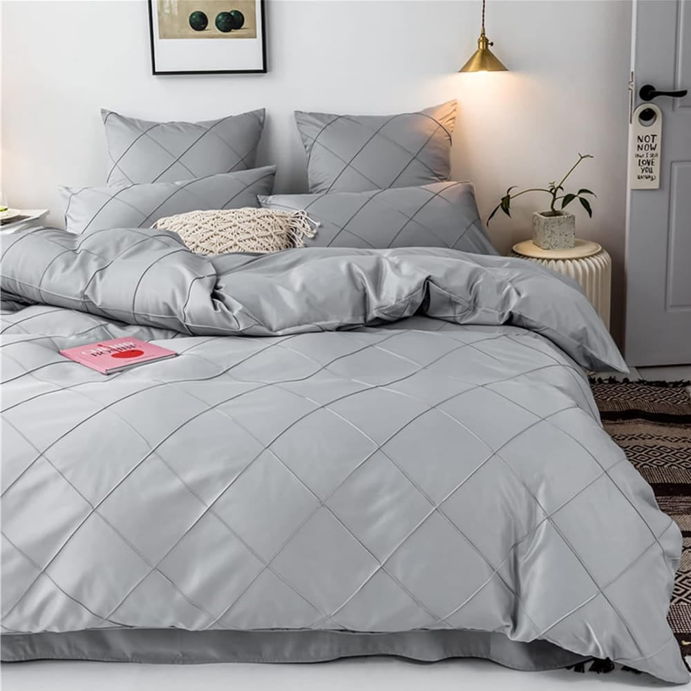 Cross Pleated Duvet Set - Silver Grey