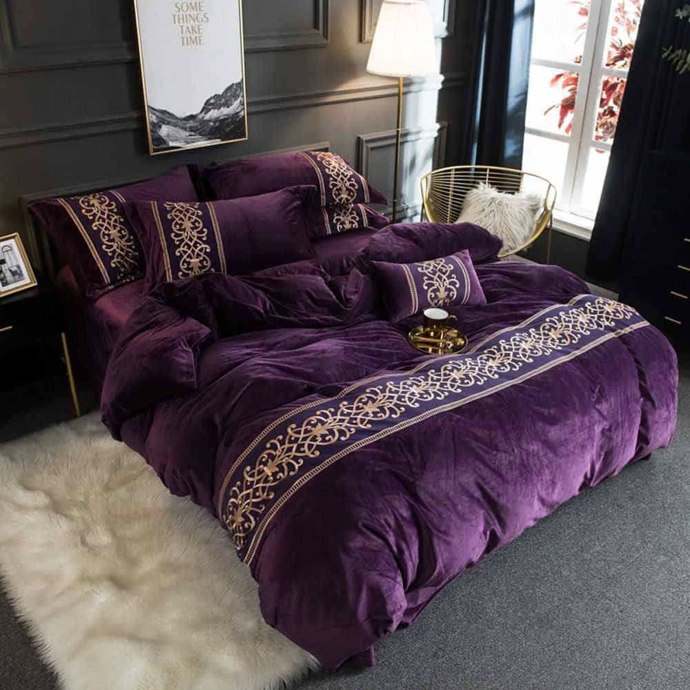 Velvet Embroidered Duvet Set - Purple