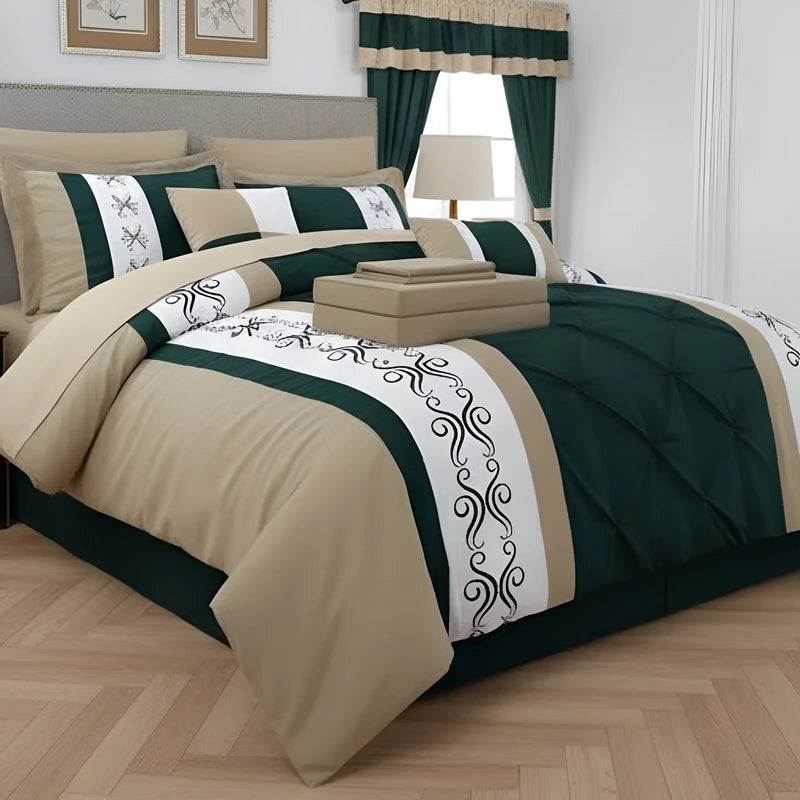 Embroidered Duvet Set - Beige & Teal